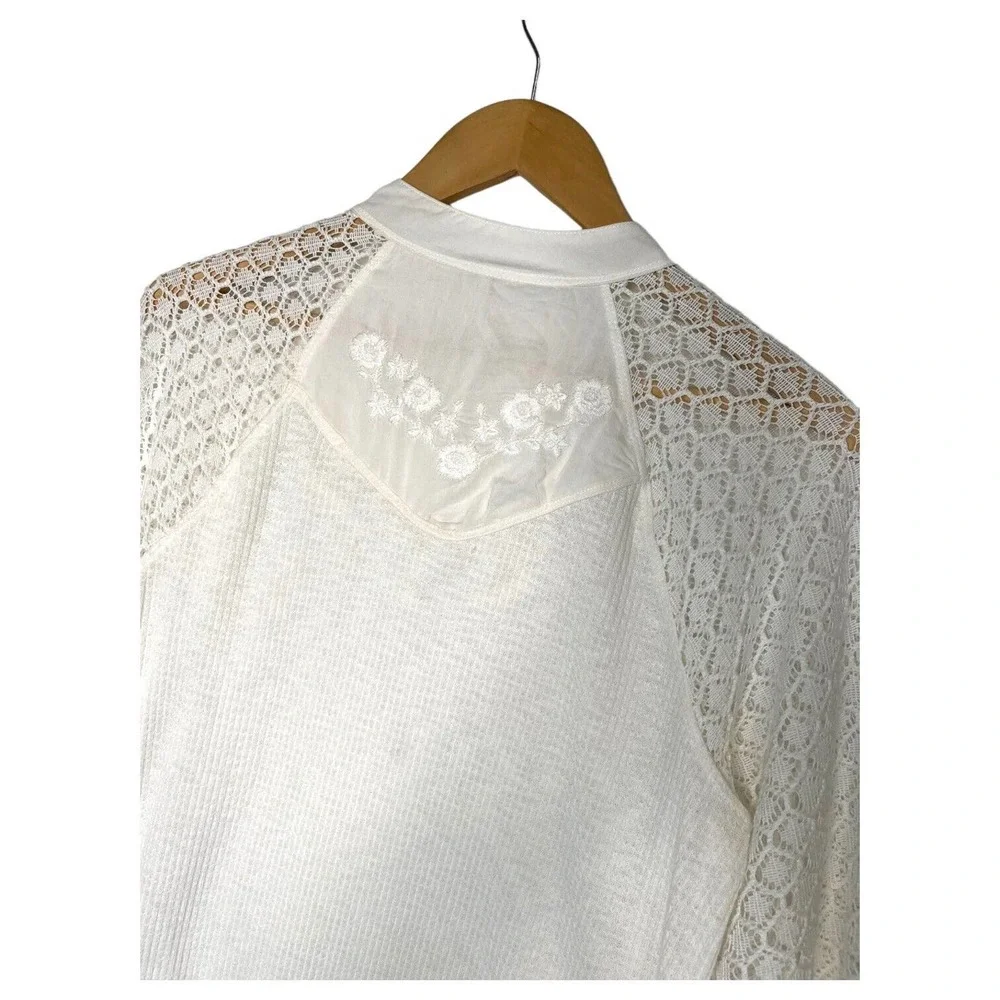Free People Top Womens S Sweetest Thing Waffle Embroidered Boho Peasant Ivory - Picture 13 of 16